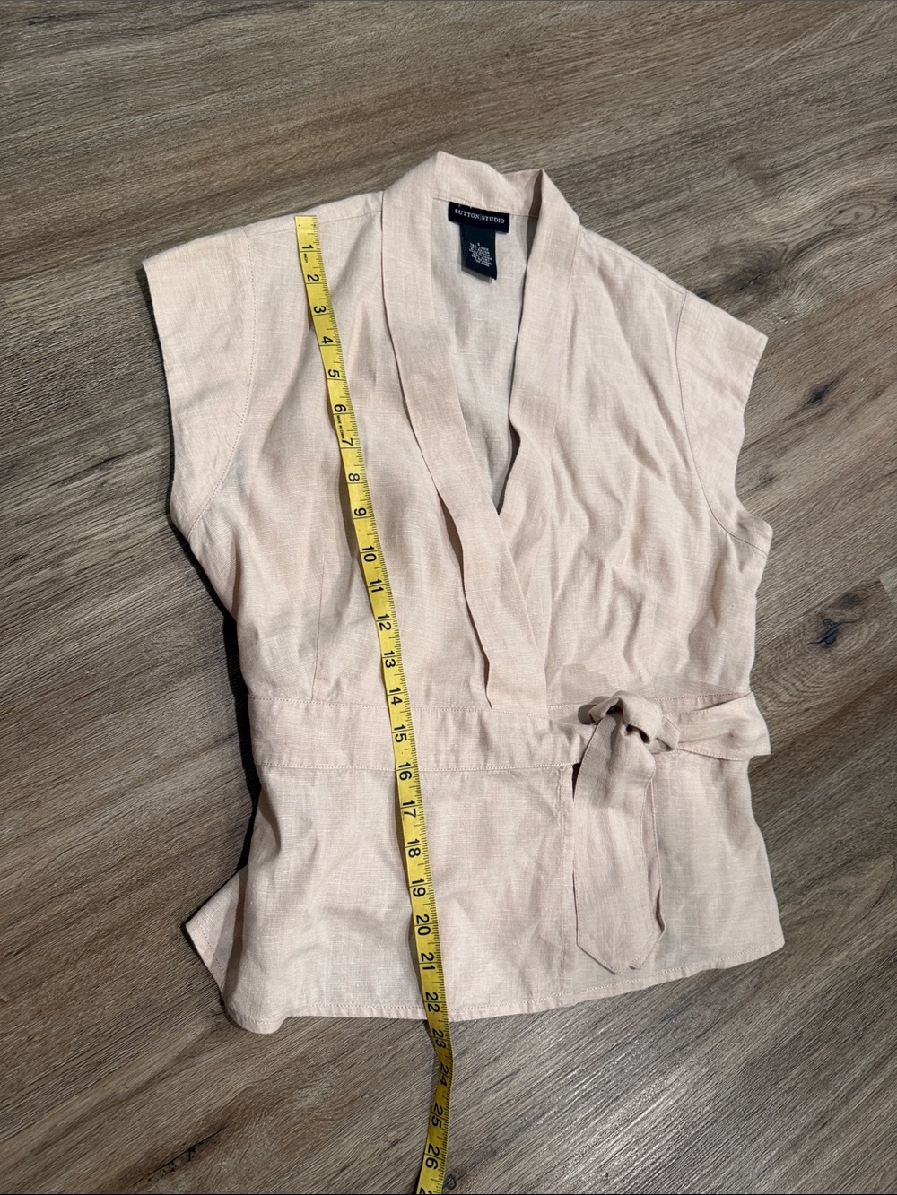 NWOT Sutton Studio Cream Tan Linen-Blend natural fiber Wrap Top - Picture 7 of 8